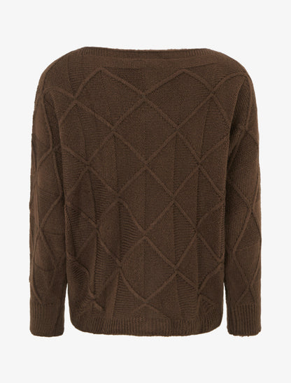 Pull à col bateau en maille effet quadrillé - Marron - 2