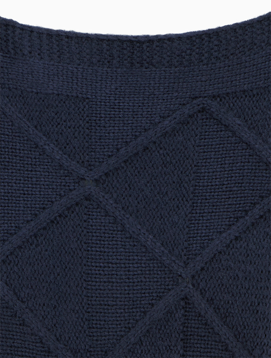 Pull à col bateau en maille effet quadrillé - Marine - 3