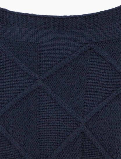 Pull à col bateau en maille effet quadrillé - Marine - 3