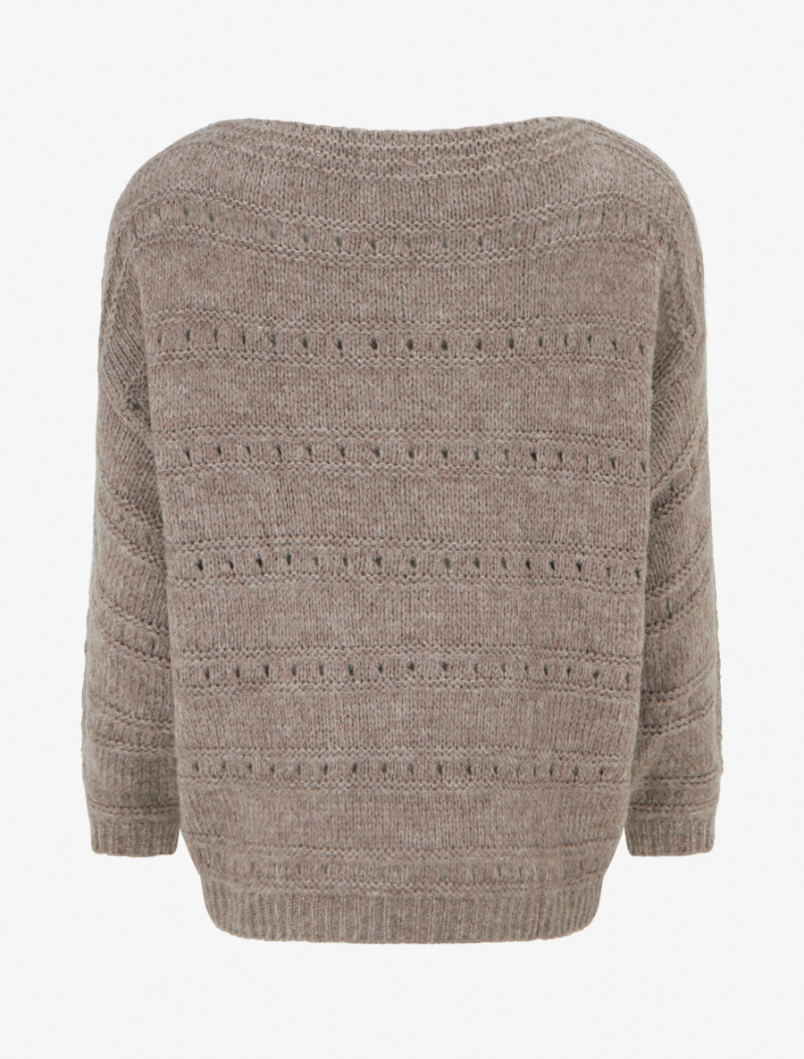Pull ample à col bateau en maille fantaisie - Taupe - 2