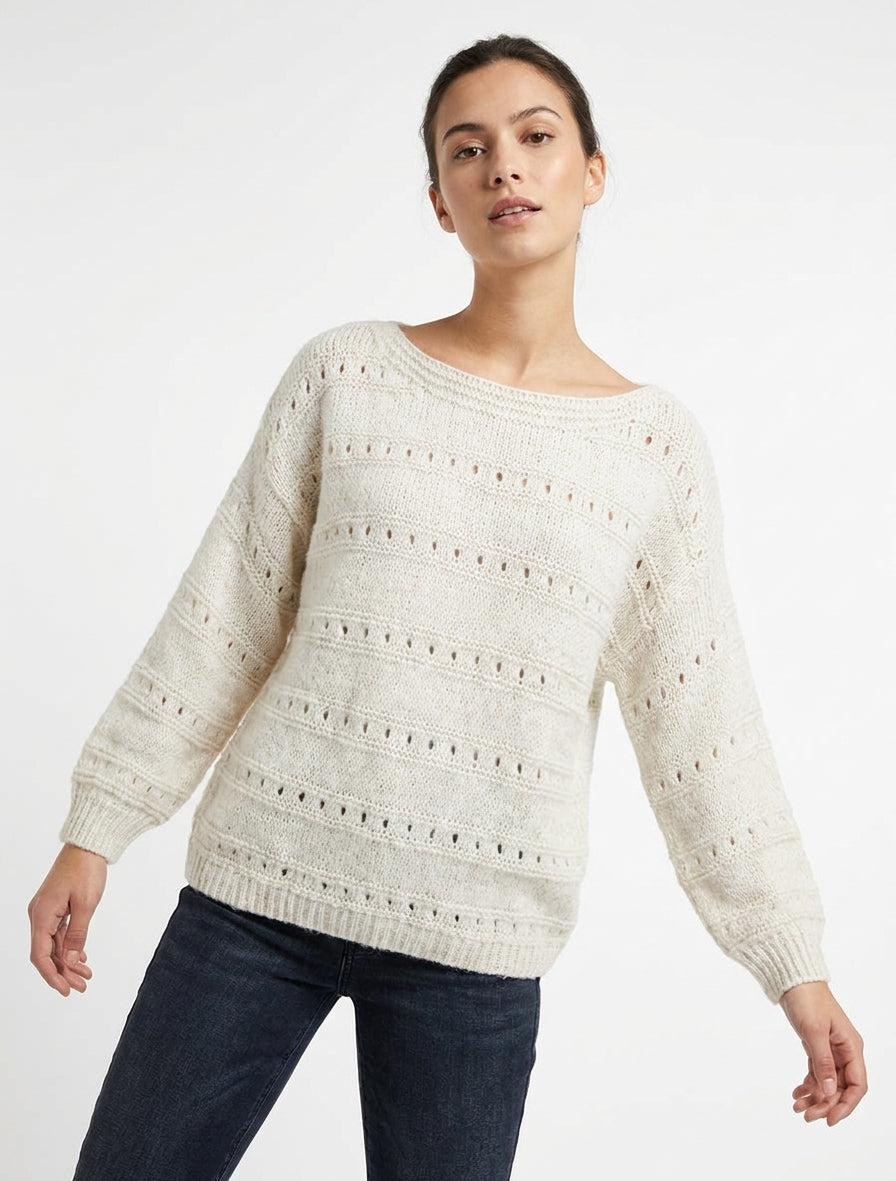 Pull ample à col bateau en maille fantaisie - Écru