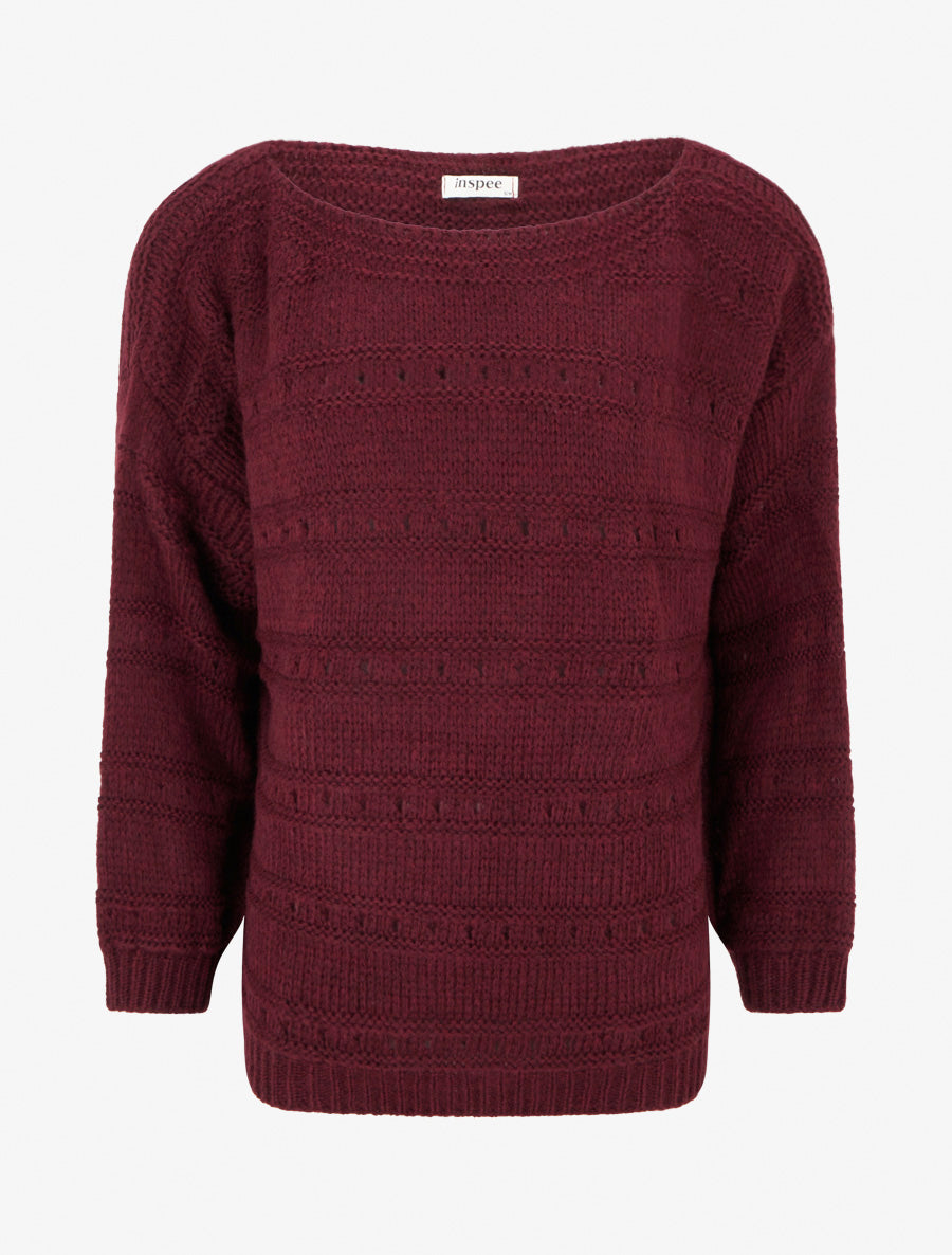 Pull ample à col bateau en maille fantaisie - Lie de vin - 1