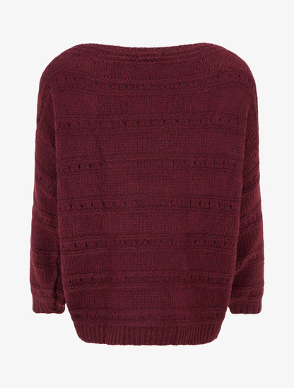 Pull ample à col bateau en maille fantaisie - Lie de vin - 2