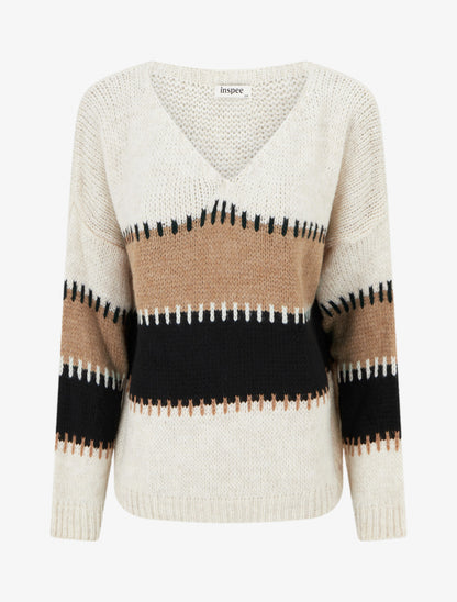 Pull ample à col V et rayures stylisées - Beige - 1