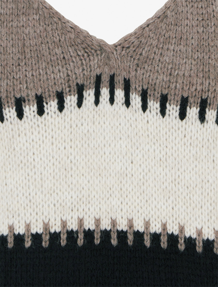 Pull ample à col V et rayures stylisées - Taupe - 3