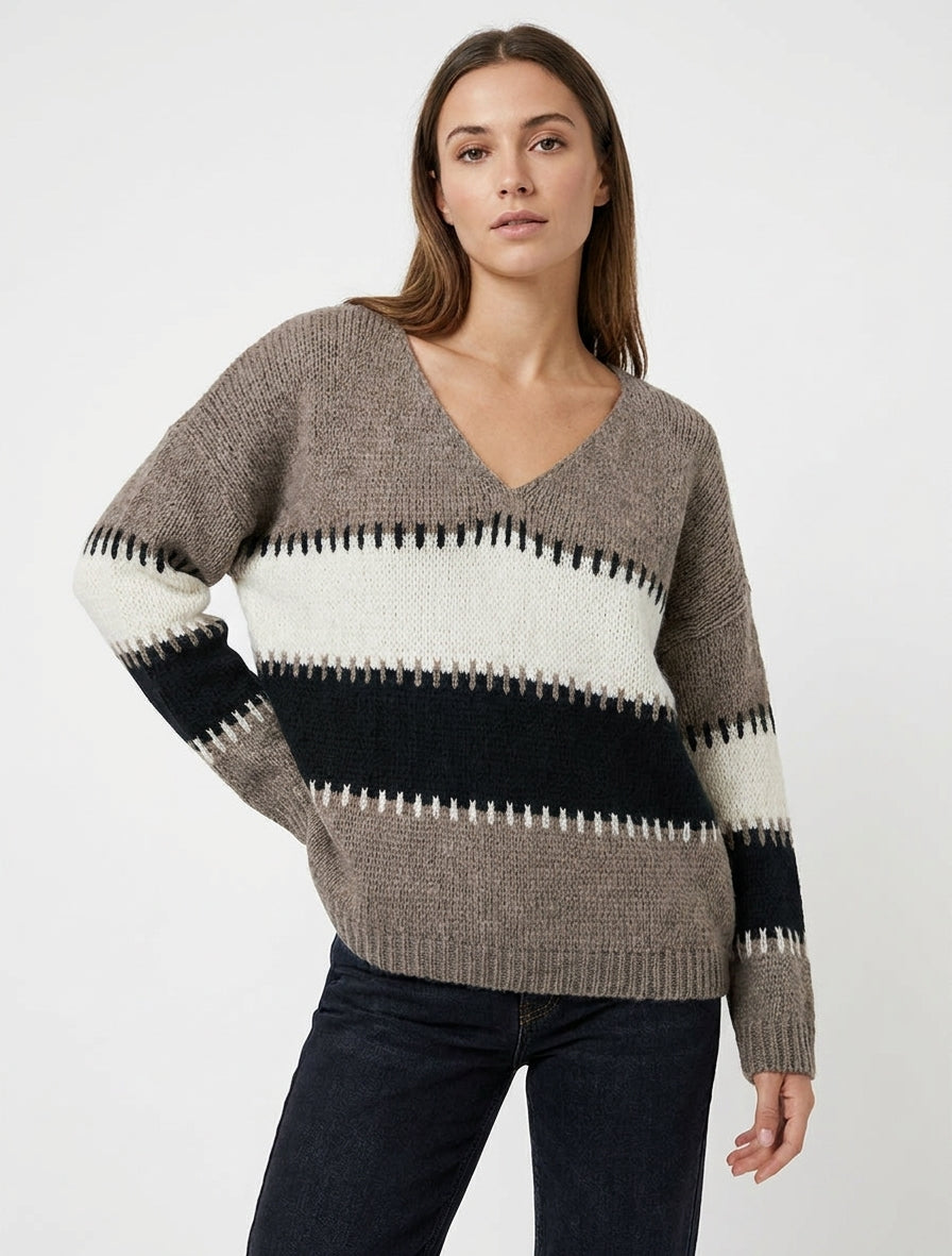 Pull ample à col V et rayures stylisées - Taupe