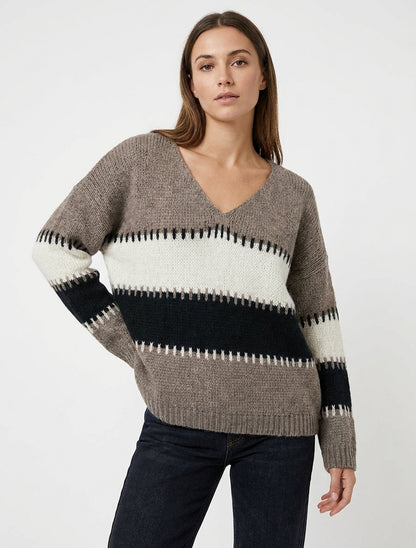 Pull ample à col V et rayures stylisées - Taupe