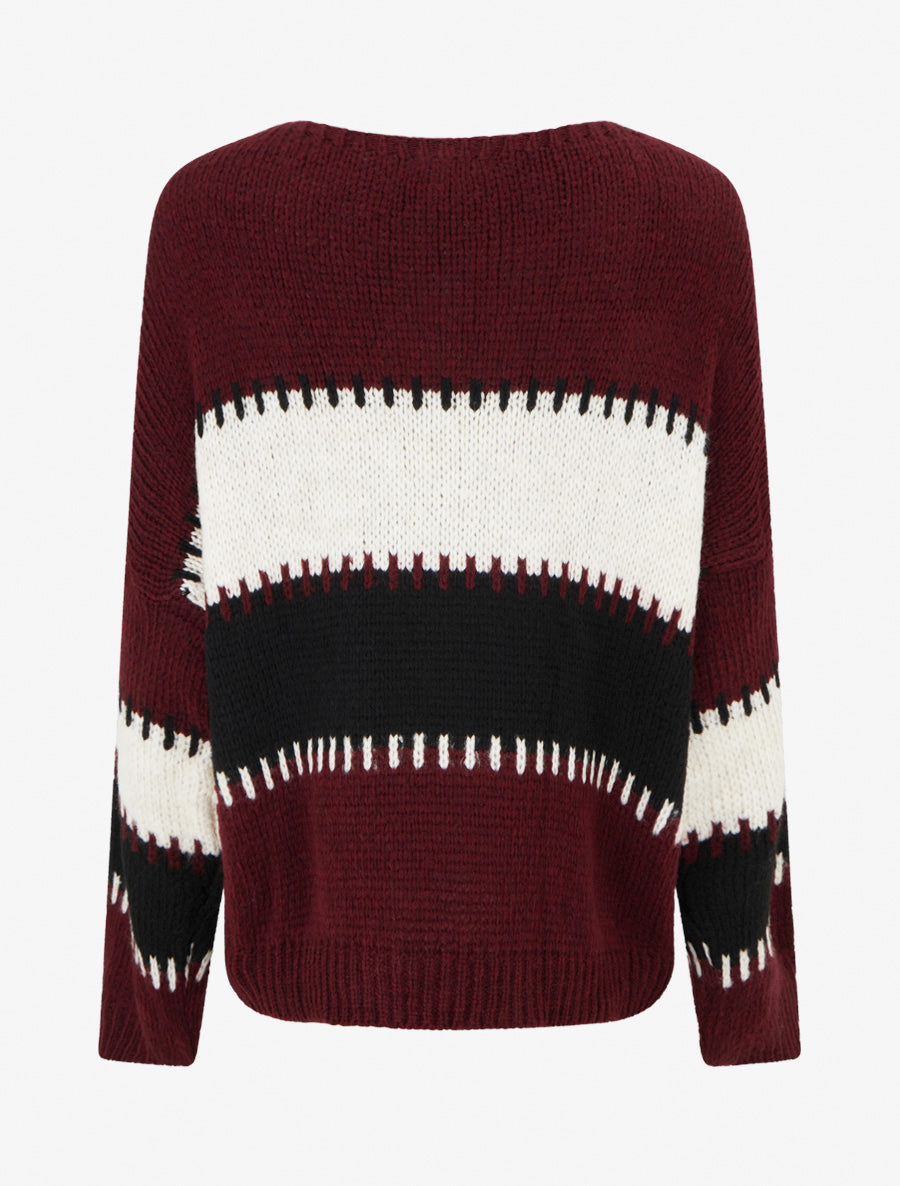 Pull ample à col V et rayures stylisées - Lie de vin - 2
