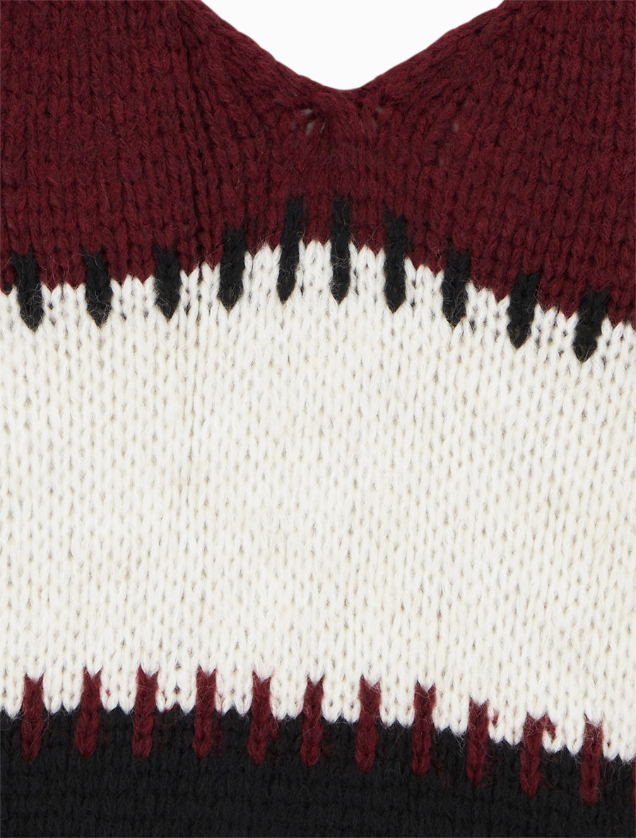 Pull ample à col V et rayures stylisées - Lie de vin - 3