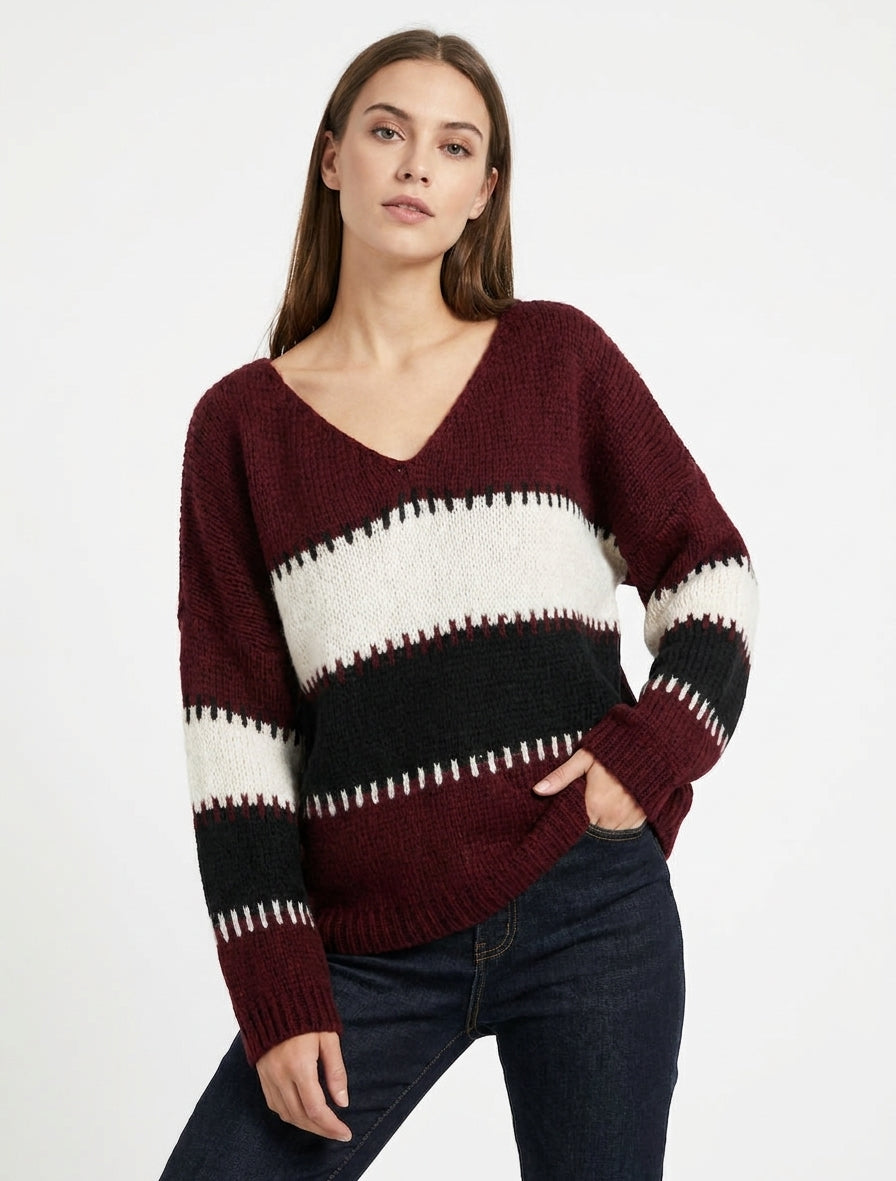 Pull ample à col V et rayures stylisées - Lie de vin