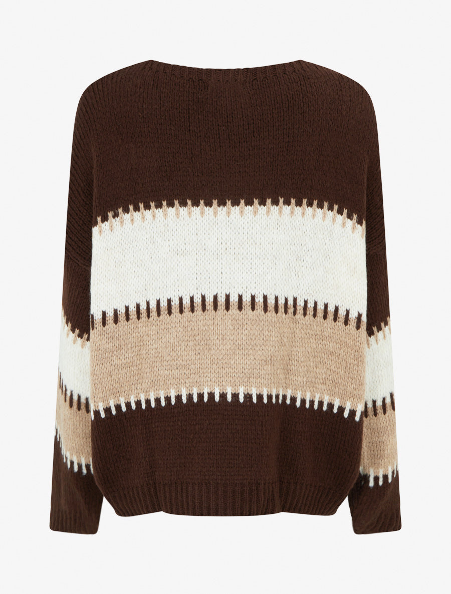 Pull ample à col V et rayures stylisées - Marron - 2