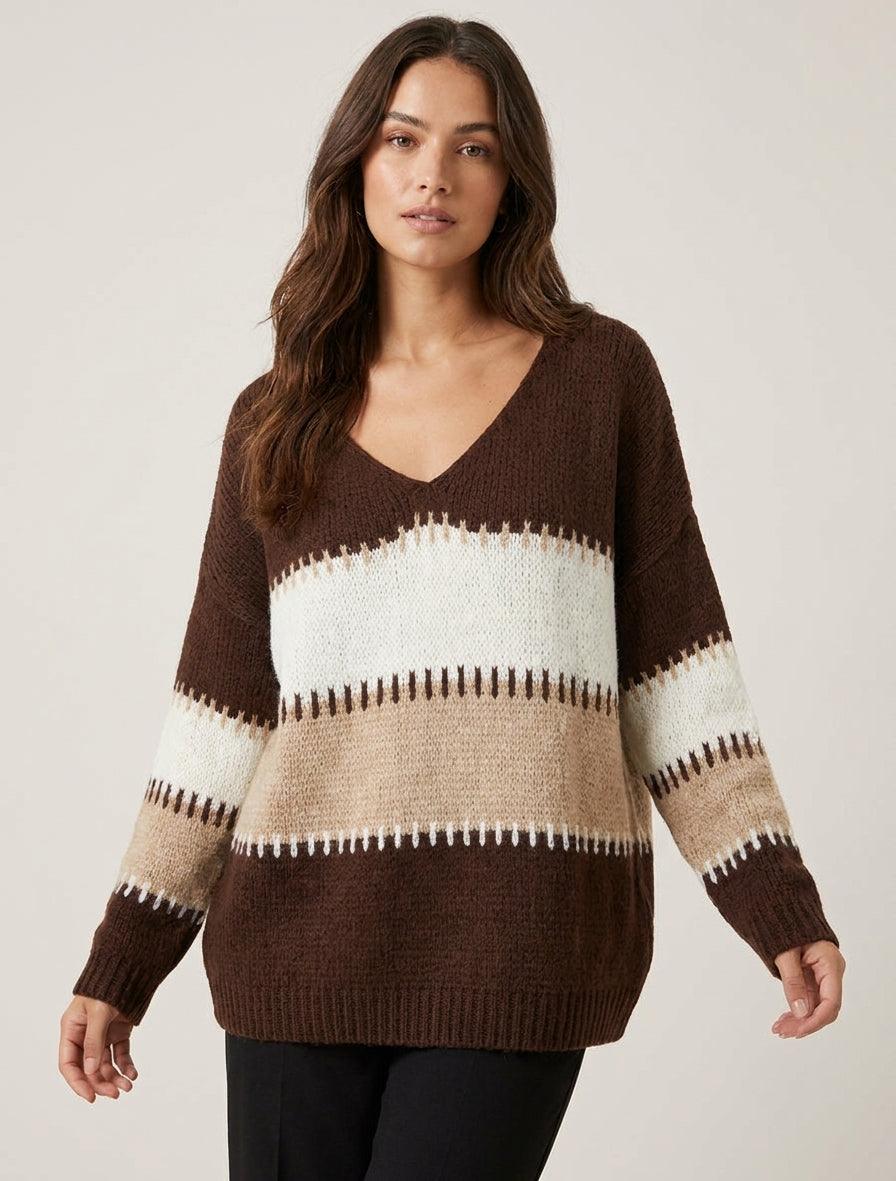 Pull ample à col V et rayures stylisées - Marron