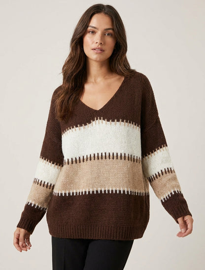 Pull ample à col V et rayures stylisées - Marron
