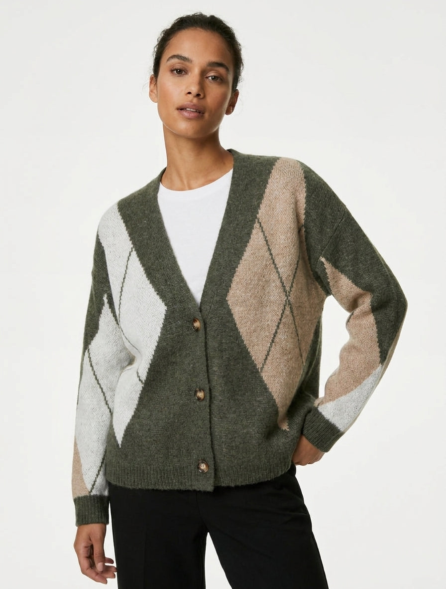 Gilet ample en maille jacquard - Kaki