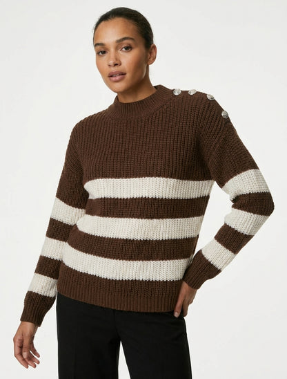 Pull à rayures et boutons décoratifs - Marron
