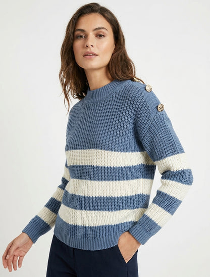 Pull à rayures et boutons décoratifs - Bleu charrette