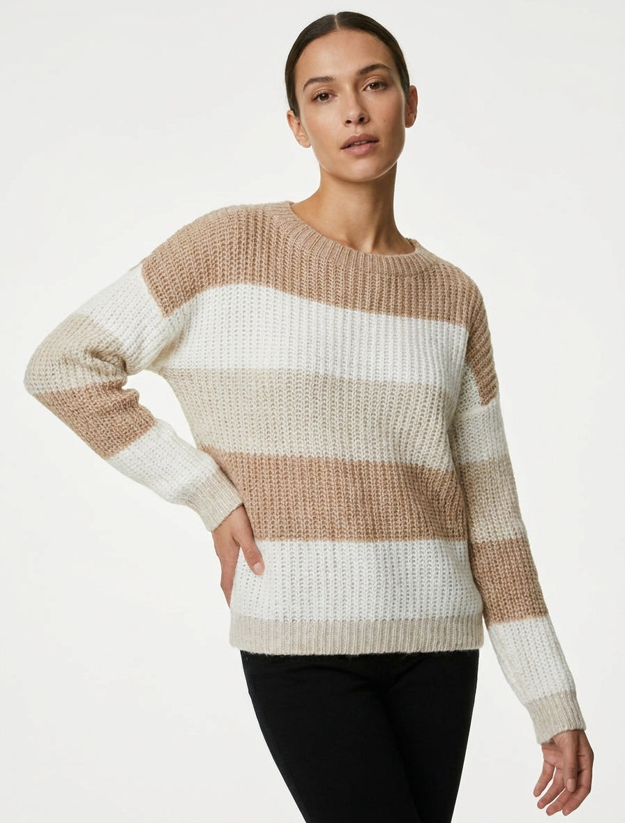 Gestreepte trui met rechte snit - Beige