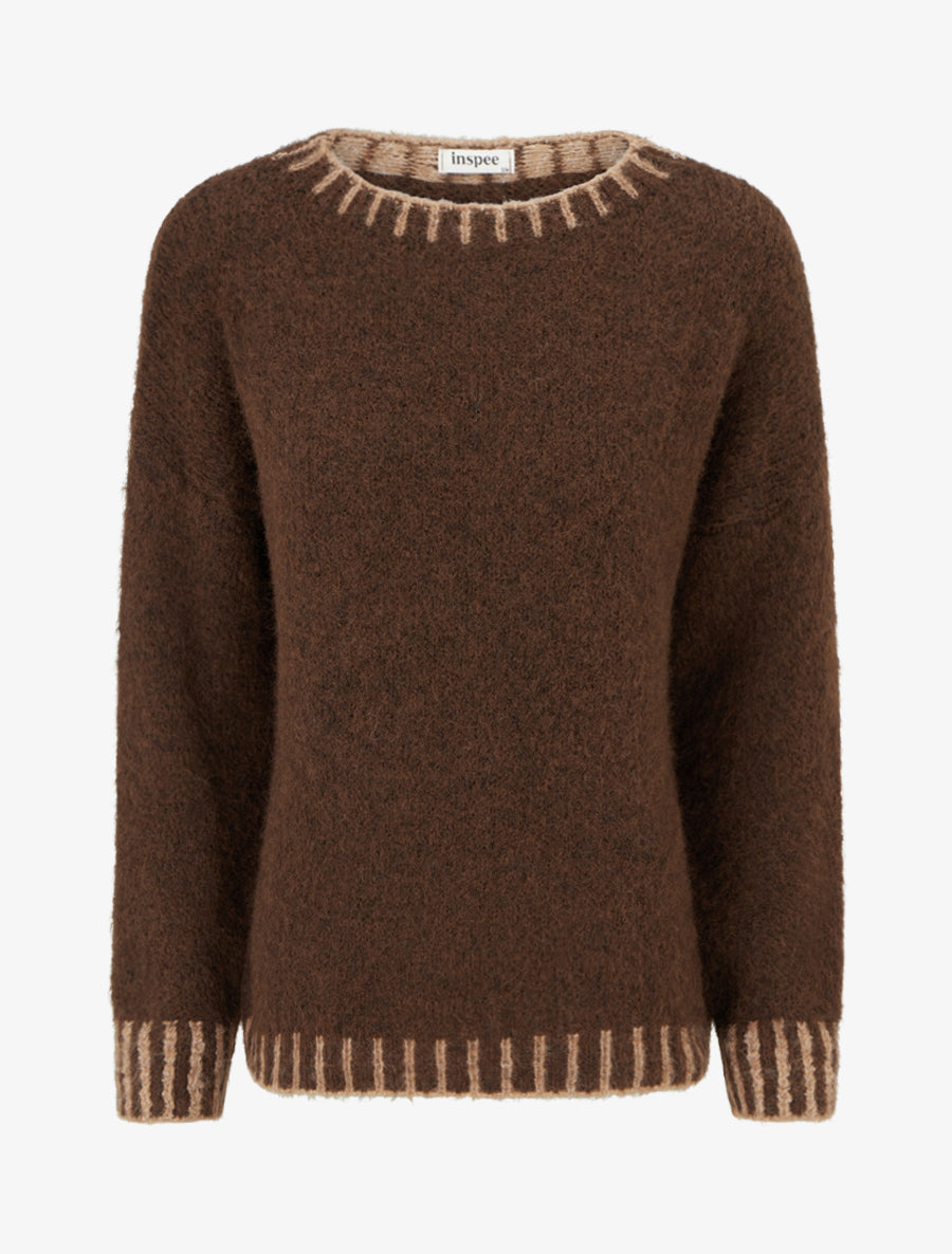 Pull en laine mélangée à bords contrastant - Marron - 1
