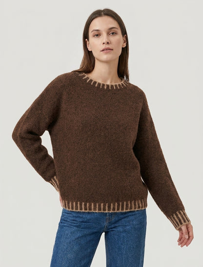 Pull en laine mélangée à bords contrastant - Marron