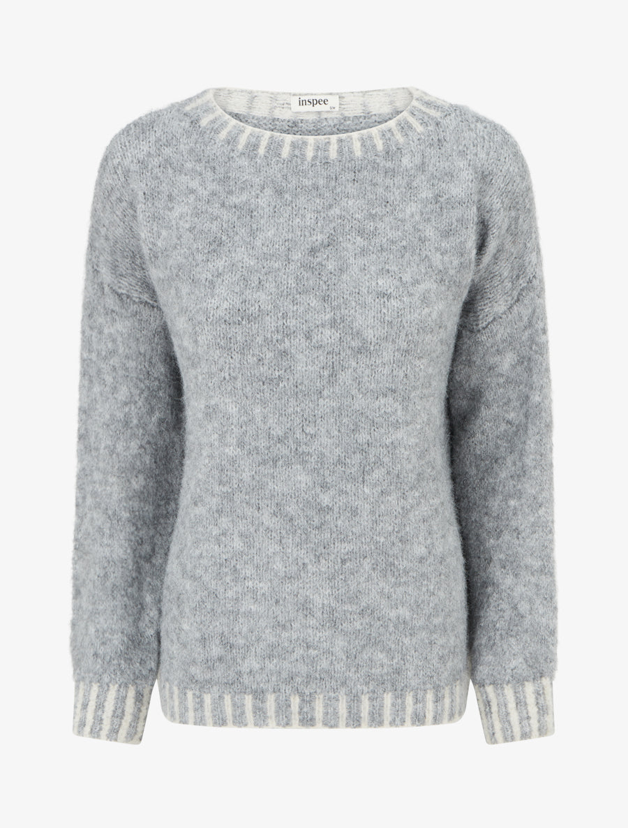 Pull en laine mélangée à bords contrastant - Gris - 1