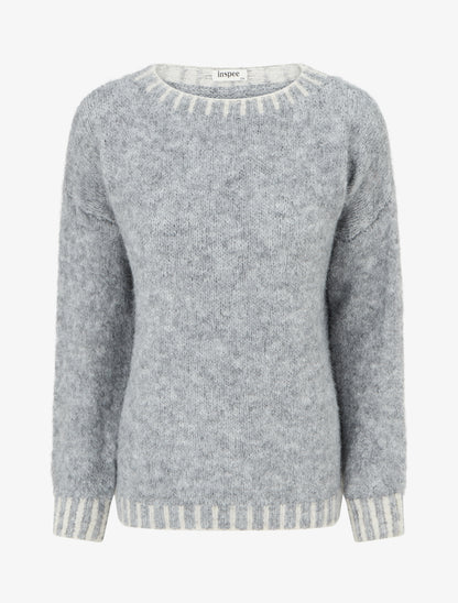 Pull en laine mélangée à bords contrastant - Gris - 1
