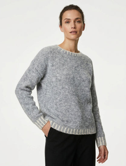 Pull en laine mélangée à bords contrastant - Gris