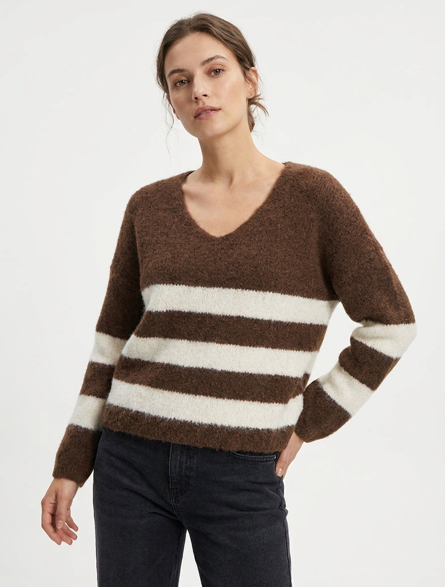 Pull à rayures en laine mélangée à col V - Marron