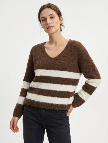 Pull à rayures en laine mélangée à col V - Marron