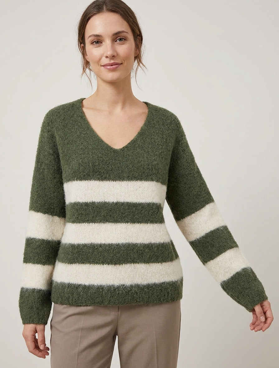 Pull à rayures en laine mélangée à col V - Kaki