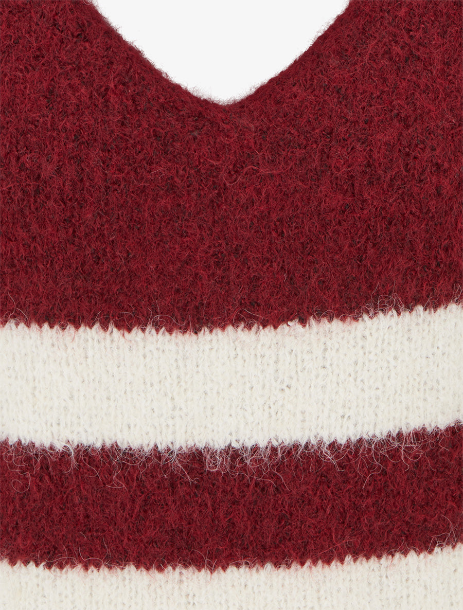 Pull à rayures en laine mélangée à col V - Bordeaux - 3