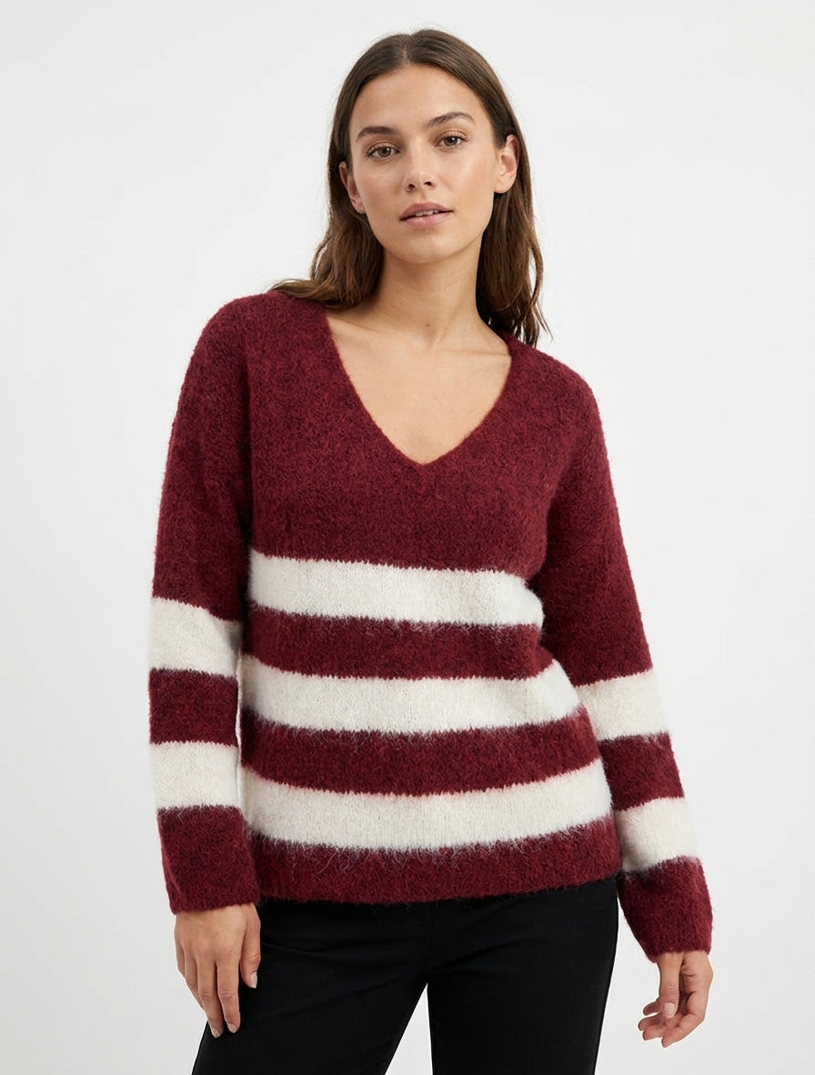 Pull à rayures en laine mélangée à col V - Bordeaux