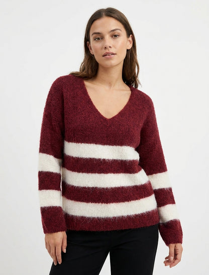 Pull à rayures en laine mélangée à col V - Bordeaux