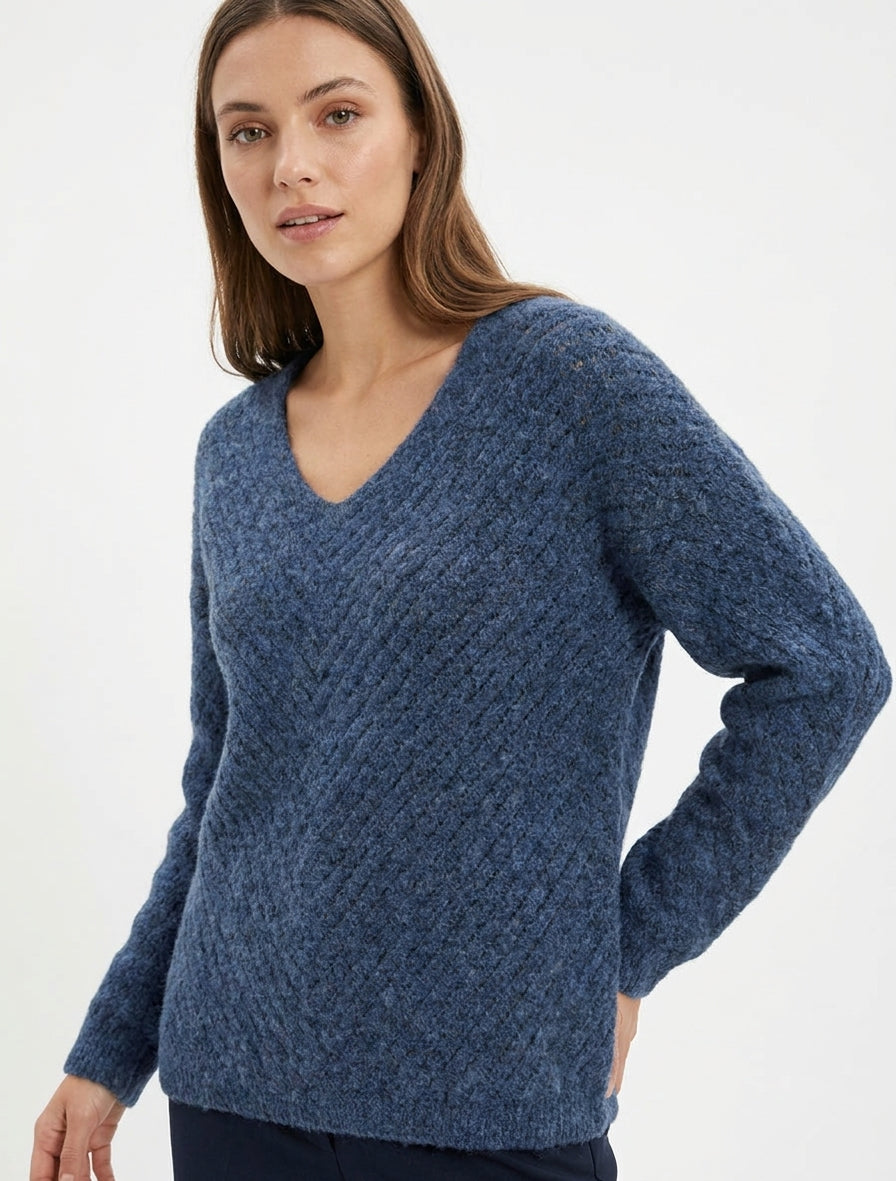 Pull coupe ample en laine mélangée à col V - Bleu