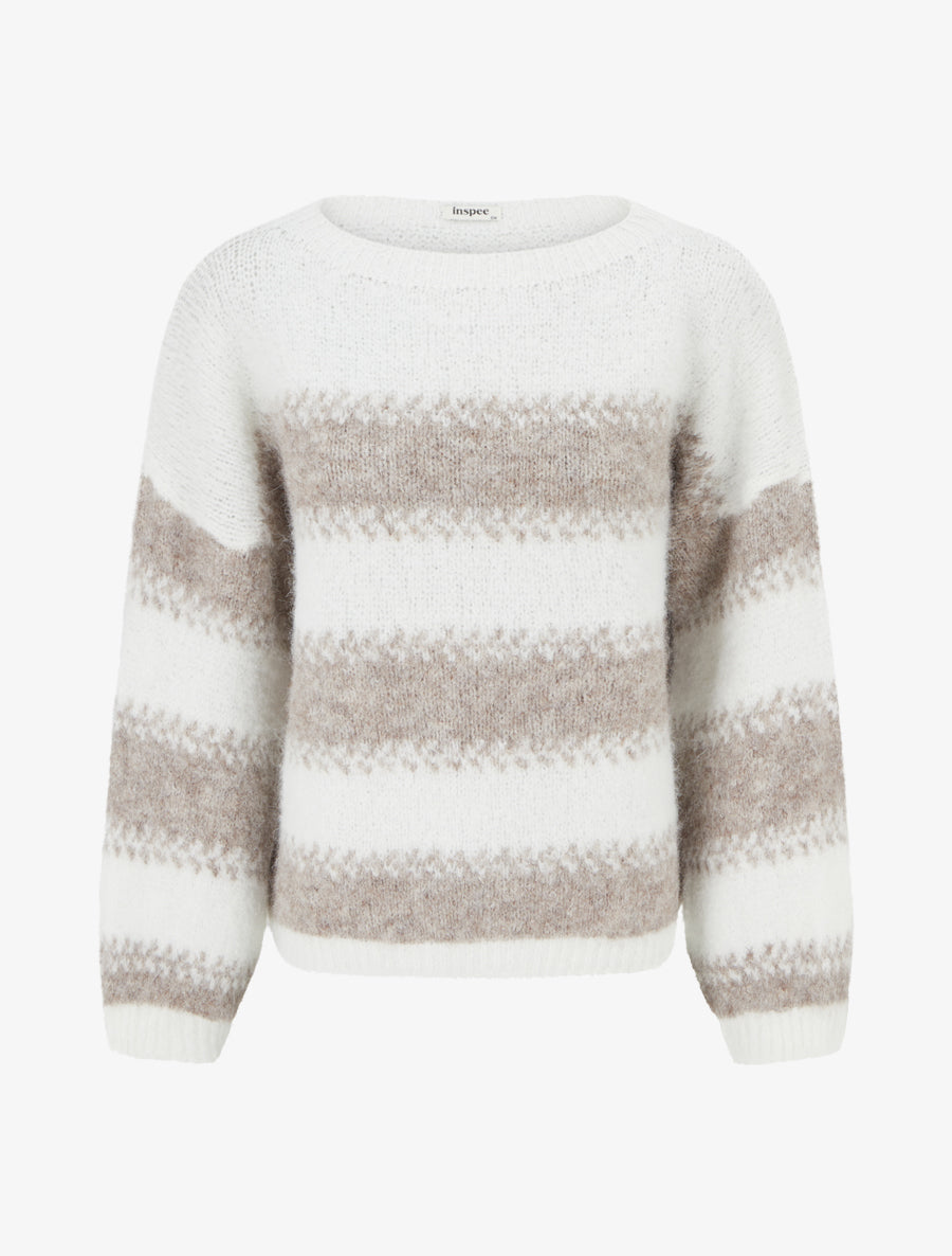 Pull ample en laine mélangée à rayures stylisées - Blanc - 1