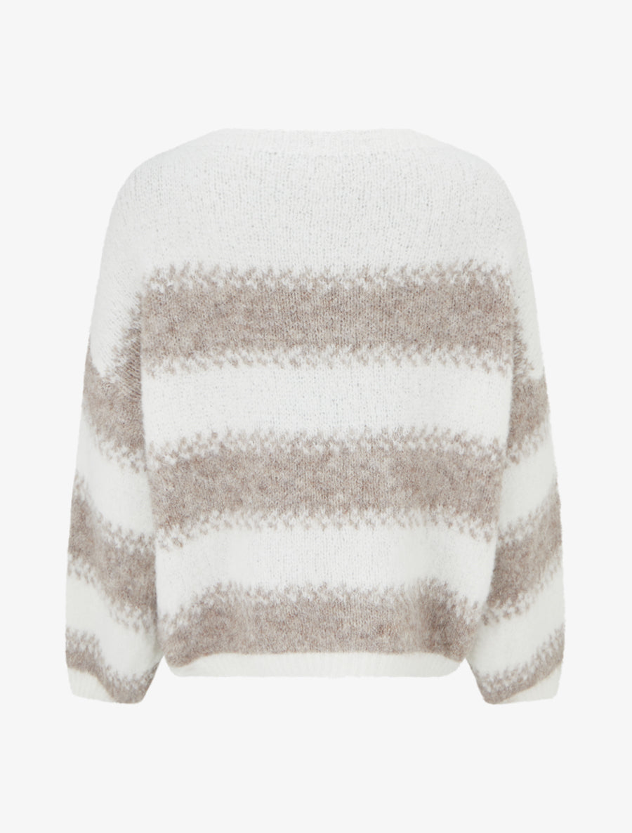 Pull ample en laine mélangée à rayures stylisées - Blanc - 2
