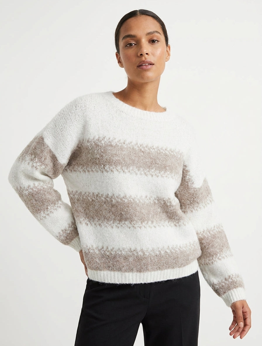 Pull ample en laine mélangée à rayures stylisées - Blanc