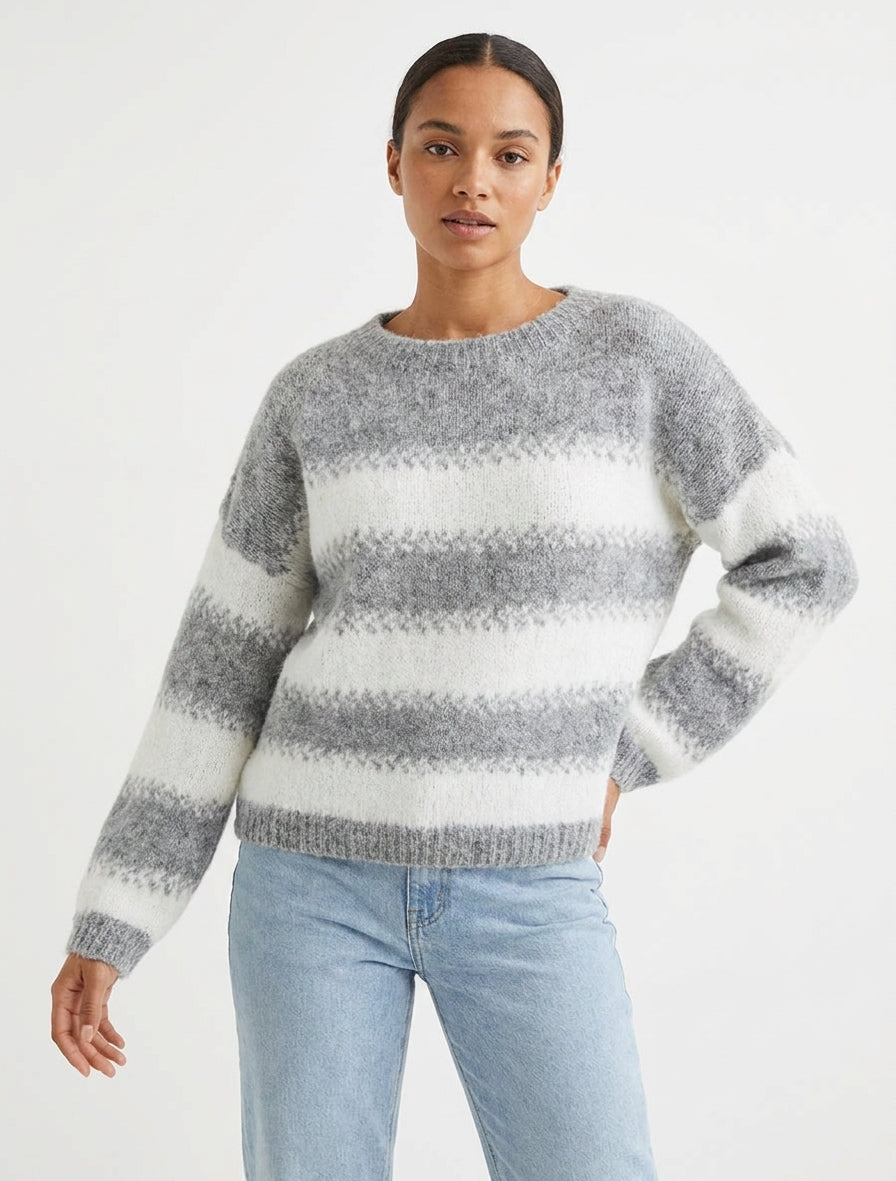 Pull ample en laine mélangée à rayures stylisées - Gris clair