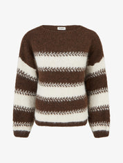 Pull ample en laine mélangée à rayures stylisées - Marron - 1