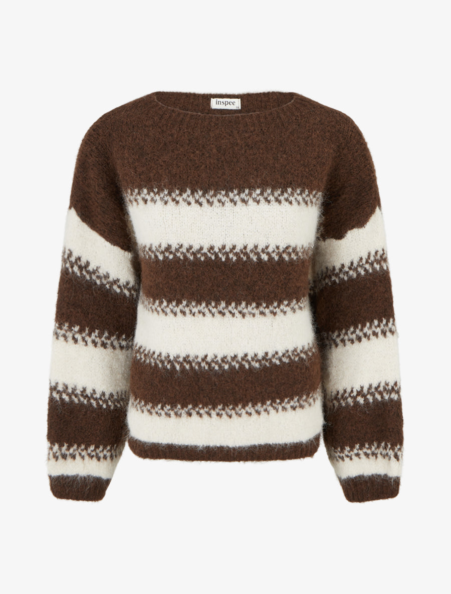 Pull ample en laine mélangée à rayures stylisées - Marron - 1