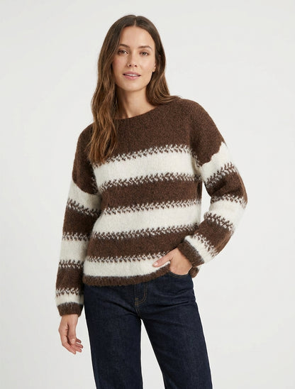 Pull ample en laine mélangée à rayures stylisées - Marron