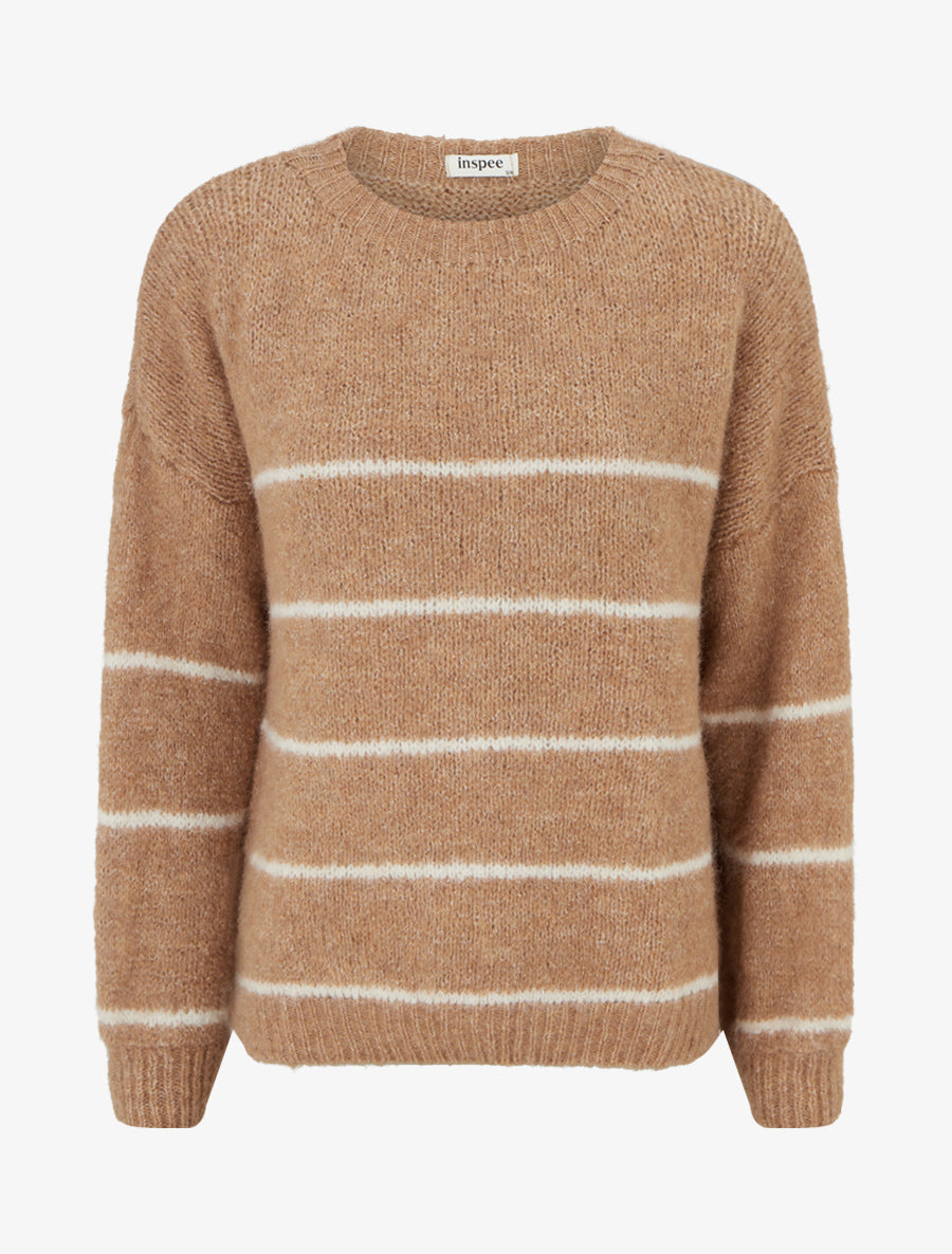 Pull en laine mélangée à col rond et rayures - Camel - 1