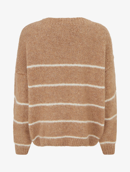 Pull en laine mélangée à col rond et rayures - Camel - 2