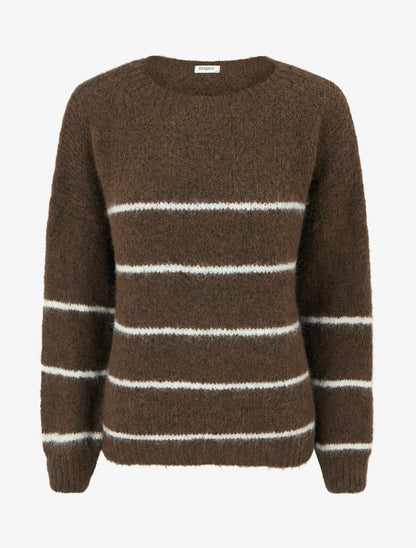 Pull en laine mélangée à col rond et rayures - Marron - 1