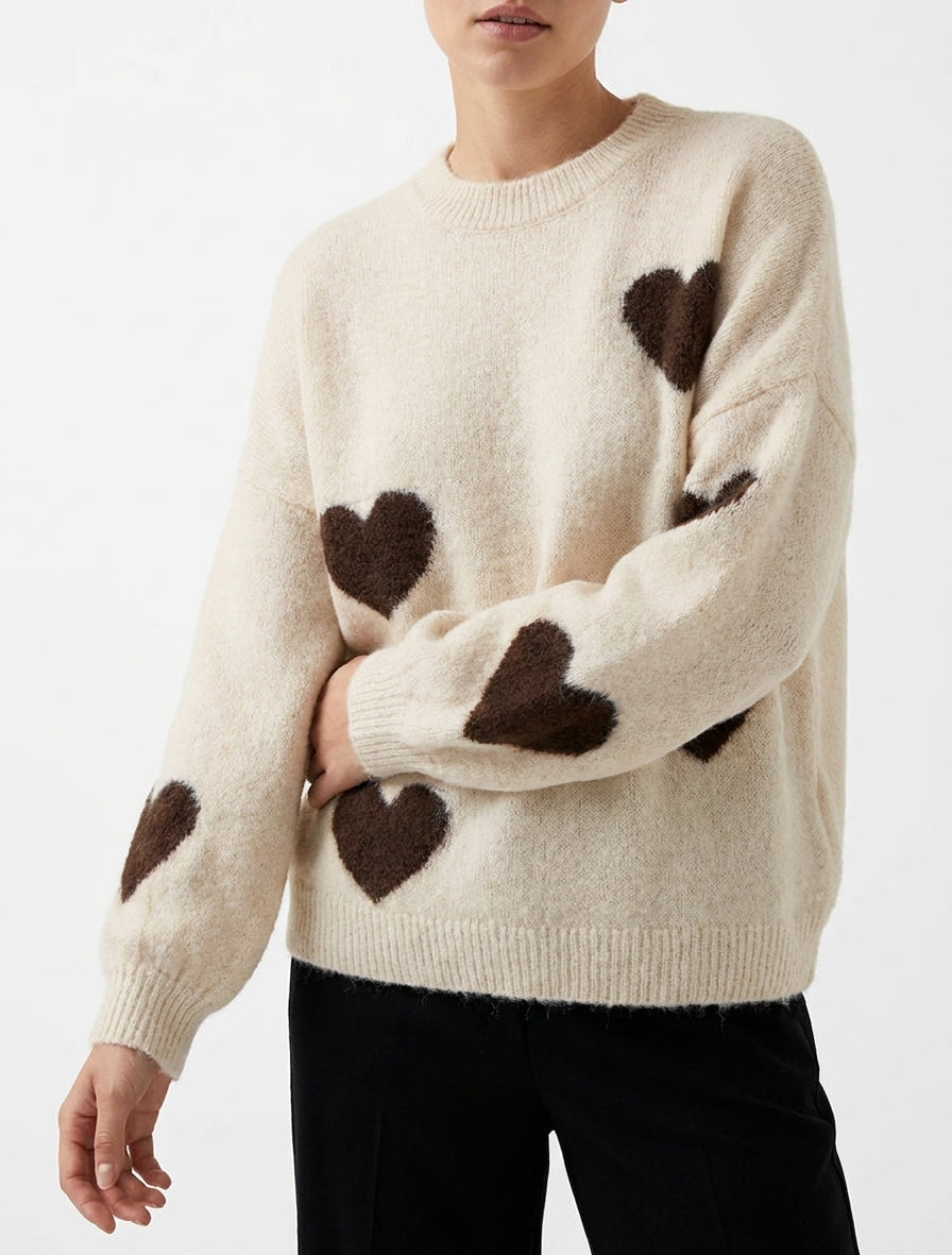 Pull en laine mélangée à motif coeur - Beige clair