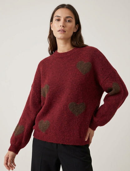 Pull en laine mélangée à motif coeur - Bordeaux