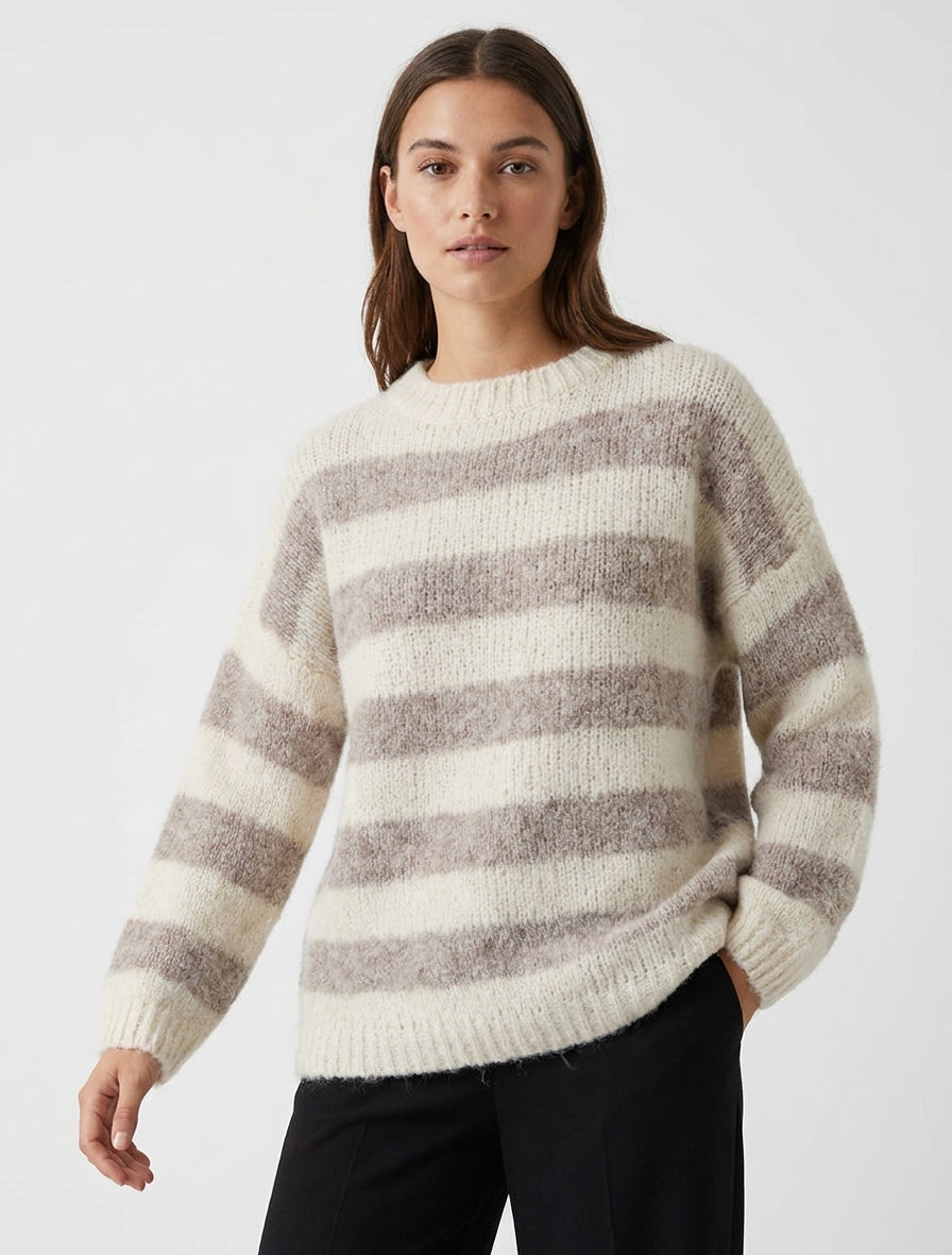 Pull ample à rayures en laine mélangée - Taupe