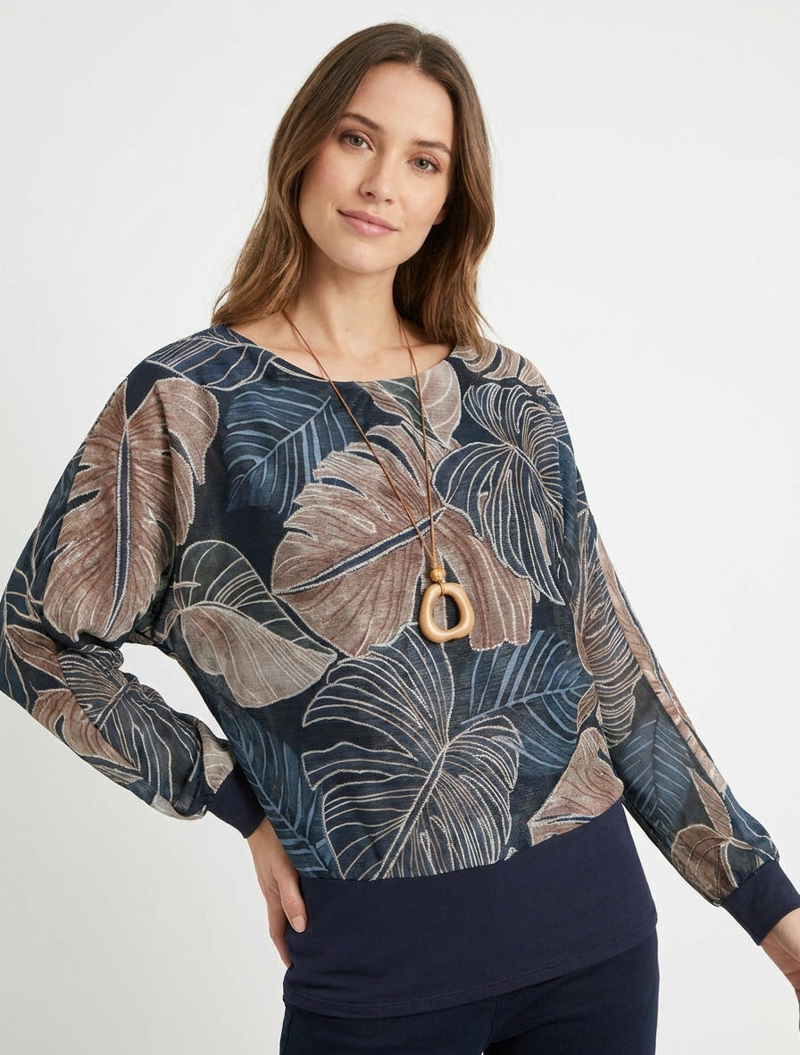 Iriseren top met tropische print en vleermuismouwen - Marine