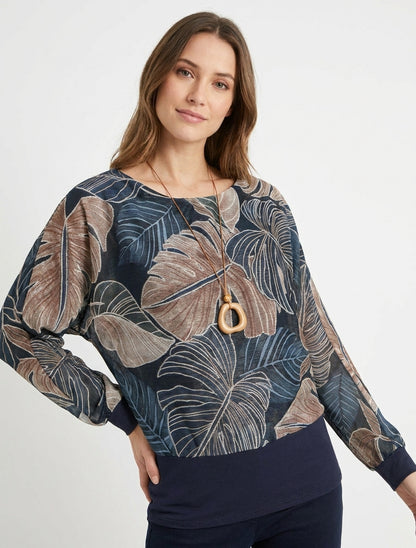 Iriseren top met tropische print en vleermuismouwen - Marine