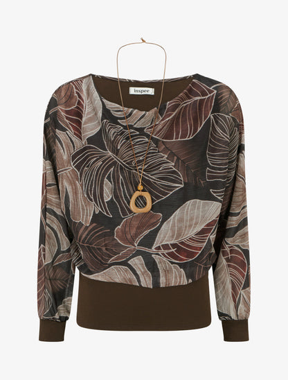 Top irisé imprimé tropical à manches chauve-souris - Marron - 1