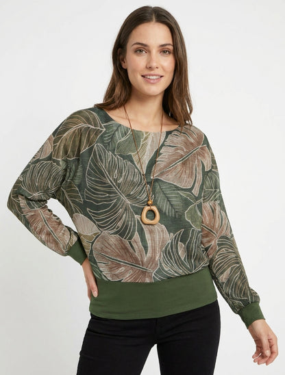 Iriseren top met tropische print en vleermuismouwen - Kaki
